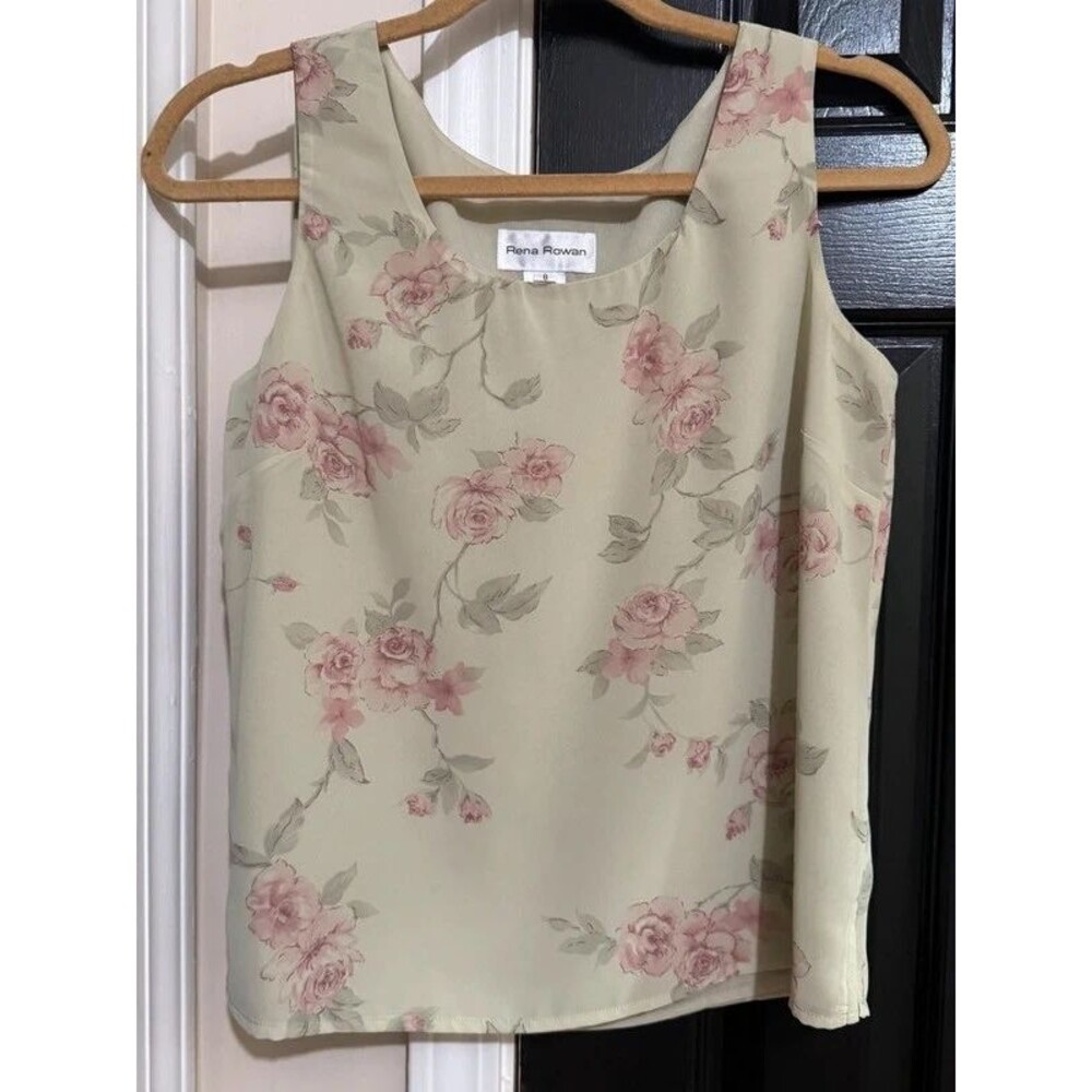 Vintage Rena Rowan Floral Tank Top Blouse Sage Green Pink Roses Size 8